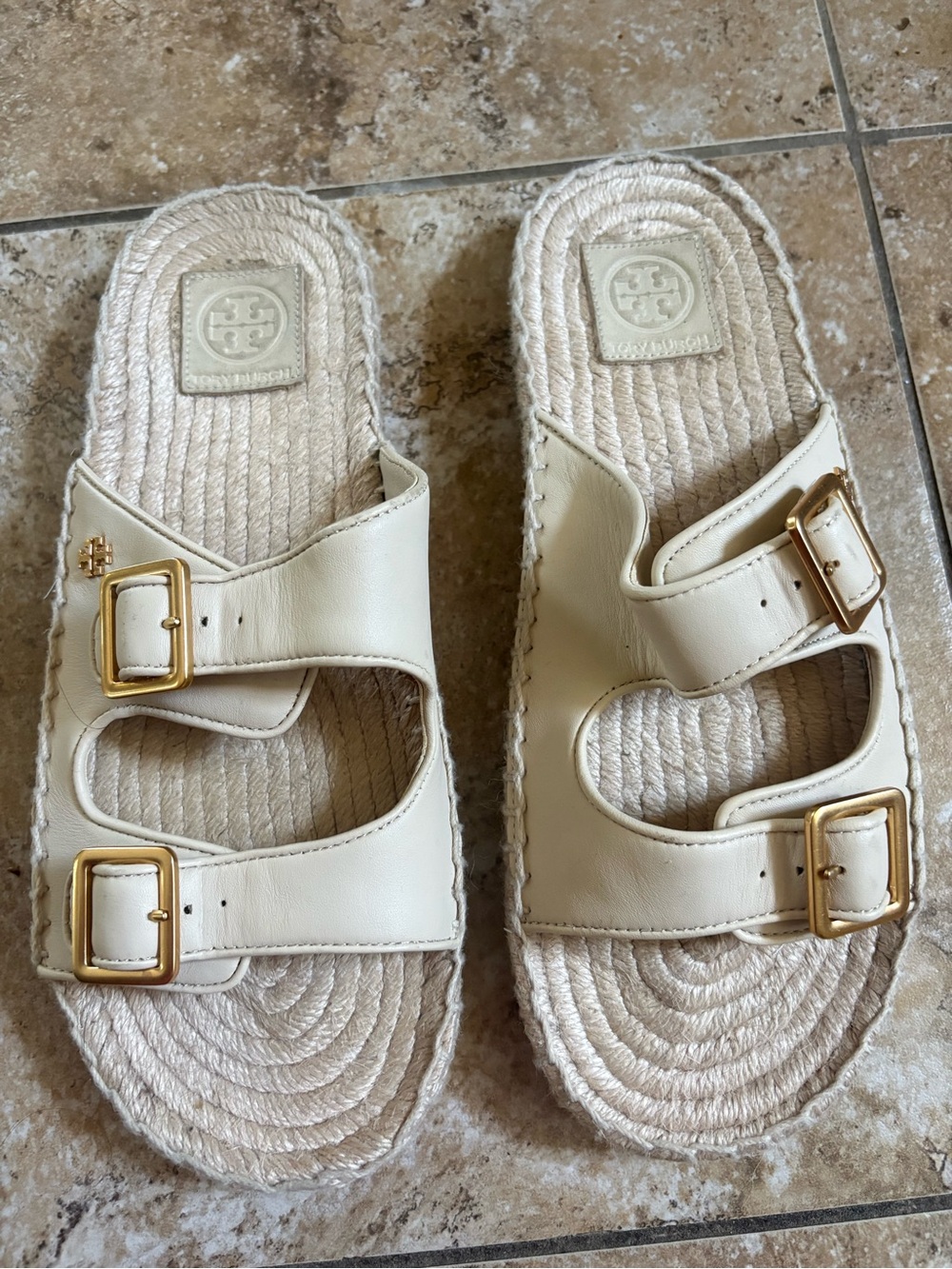 Tory Burch Cream Leather Double Buckle Espadrille Slides with Gold Hardware